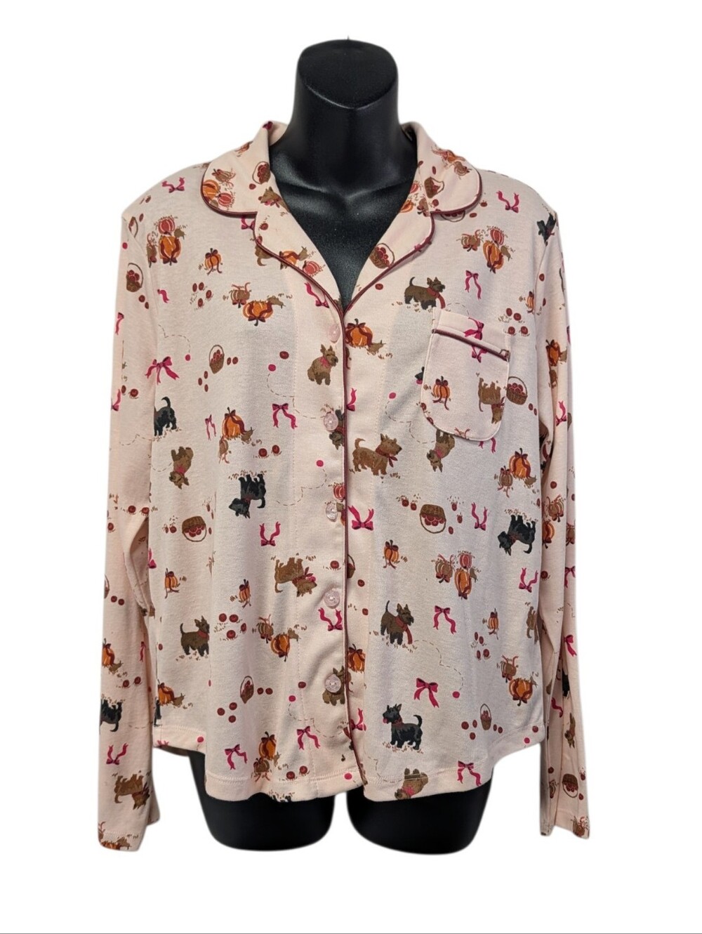 Karen Neuburger Womens Pajama Top Size M Pink Dog Pumpkin Button Front
